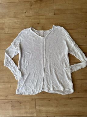 Eileen Fisher White Organic Linen Open Knit V Neck Sweater M Lagenlook Relaxed